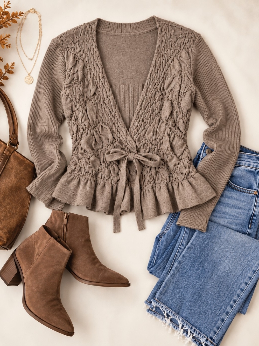 ANTHROPOLOGIE Sparrow Taupe Tie-Front Knit Cardigan with Peplum